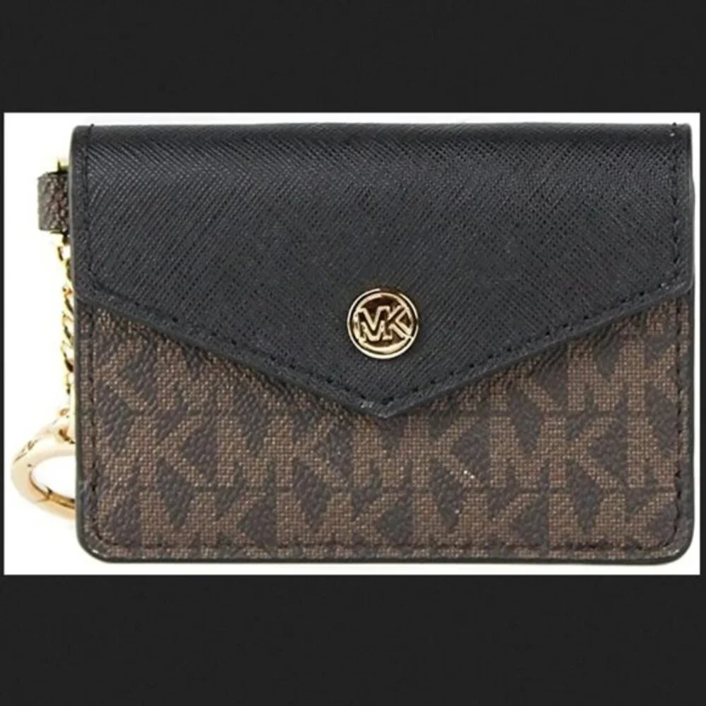 MICHAEL KORS KALA SMALL FLAP KEY RING CARD CASE WALLET MK BROWN BLACK